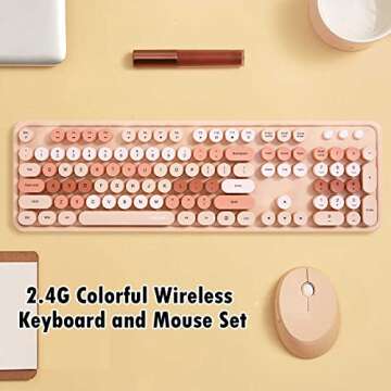 2.4G Full-Size Wireless Keyboard and Mouse Combo, Multi-Color Typewriter Style Round Keycap, Cute Candy Colors, Compatible with Notebook, PC (104 Keys,Milk Tea)