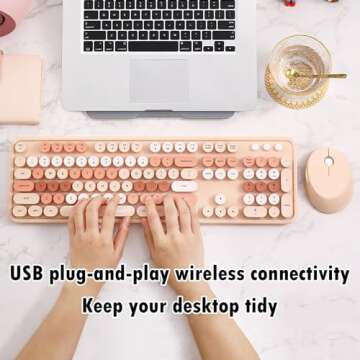 2.4G Full-Size Wireless Keyboard and Mouse Combo, Multi-Color Typewriter Style Round Keycap, Cute Candy Colors, Compatible with Notebook, PC (104 Keys,Milk Tea)