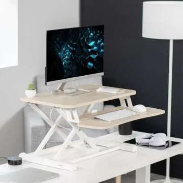 VIVO 26 inch Desk Converter, K Series, Height Adjustable Sit to Stand Riser, Dual Monitor and Laptop Workstation with Keyboard Tray, Light Wood Top, White Frame, DESK-V026KF