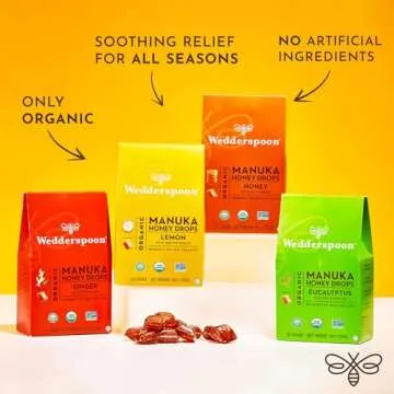 Wedderspoon Organic Manuka Honey Drops, Ginger & Echinacea, 20 Count (Pack of 1) | Genuine New Zealand Honey | Perfect Remedy For Dry Throats