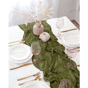 Pesonlook 6 Pack Green Cheesecloth Table Runner,10FT Boho Table Runner 35x120 Inch Rustic Gauze Table Runner for Wedding Bridal Baby Shower Birthday Party Table Decorations