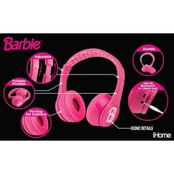 eKids Barbie Bluetooth Headphones, Pink Wireless Headphones with Microphone Includes Aux Cord, Volum...