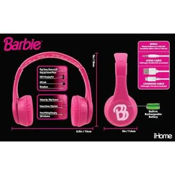 eKids Barbie Bluetooth Headphones, Pink Wireless Headphones with Microphone Includes Aux Cord, Volume Reduced Kids Foldable Earphones for School, Home, or Travel
