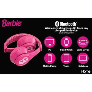 eKids Barbie Bluetooth Headphones, Pink Wireless Headphones with Microphone Includes Aux Cord, Volume Reduced Kids Foldable Earphones for School, Home, or Travel