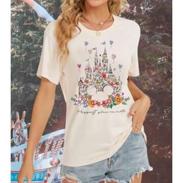 Magical Shirt for Women Castle Graphic Tee Magic Kingdom T Shirt Cute Holiday Vacation Shirt Short Sleeve Casual Tops (Large, Cream)