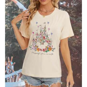 Magical Shirt for Women Castle Graphic Tee Magic Kingdom T Shirt Cute Holiday Vacation Shirt Short Sleeve Casual Tops (Large, Cream)