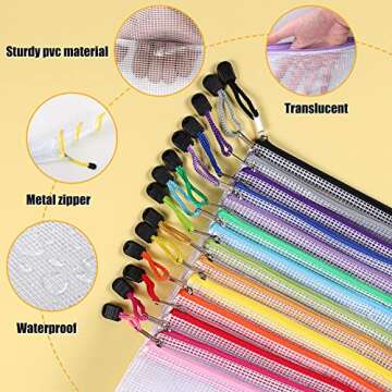 EOOUT 14pcs Mesh Zipper Pouch Zipper Bags, A4 Size Puzzle Bag for Organizing, 14 Colors Large Storage Bags Zipper File Bags for School Board Games and Office Supplies