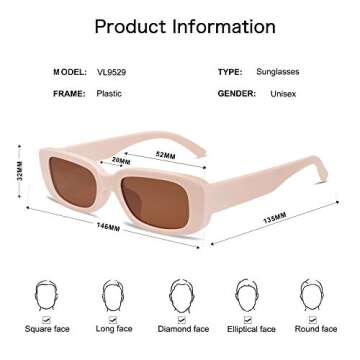VANLINKER Rectangle Retro Vintage 90s Sunglasses For Women Rectangular Chunky Glasses ESCAPE VL9529 with Sakura Pink Frame/Brown Lens