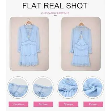 Dokotoo Womens Juniors Cute Fall Casual Winter Sexy Polka Dot Deep V Neck Ruffle Chiffon Lantern Long Sleeve Elegant Boho Hawaiian Flowy Mini Short Skirt Dresses for Women Party 2023 Sky Blue Small