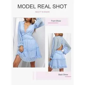 Dokotoo Womens Juniors Cute Fall Casual Winter Sexy Polka Dot Deep V Neck Ruffle Chiffon Lantern Long Sleeve Elegant Boho Hawaiian Flowy Mini Short Skirt Dresses for Women Party 2023 Sky Blue Small