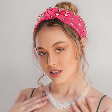 YISSION 1PC Crystal Knotted Headband for Women Non Slip Rhinestone Headband Hot Pink Head Band Fashi...