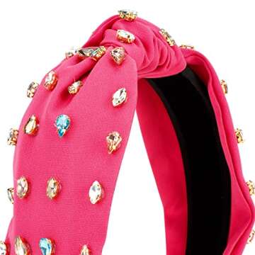 YISSION 1PC Crystal Knotted Headband for Women Non Slip Rhinestone Headband Hot Pink Head Band Fashion Wide Headbands Hair Accessories for Women Girls