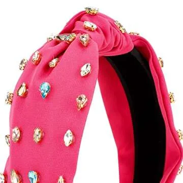 YISSION 1PC Crystal Knotted Headband for Women Non Slip Rhinestone Headband Hot Pink Head Band Fashion Wide Headbands Hair Accessories for Women Girls