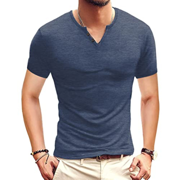 NUOKESASI Men's Casual Slim Fit Basic Henley Short Sleeve Fashion T-Shirt in VG Navy Blue