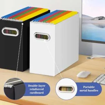 Tunnkit File Organizer, Cardboard File Box for Letter Size Collapsible Hanging File Folder Storage Organizer with Handles for Office/Home/School, Black, 2 Packs