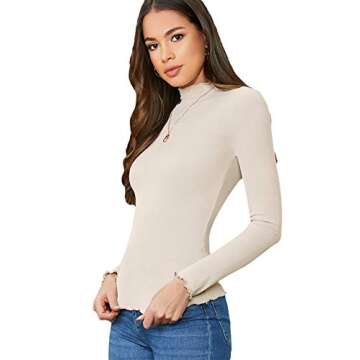 Floerns Women's Mock Neck Long Sleeve Slim Fit Stretch T-Shirts Beige L