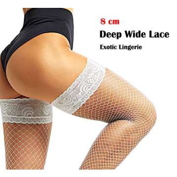 JarseHera Seam Back Fishnet Thigh High Stockings Silicone Lace Top Lingerie Stay Up Sheer Nylon Hosi...