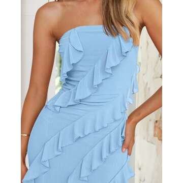 ZESICA Women's 2025 Strapless Bodycon Dress Sexy Off Shoulder Mesh Tassel Ruffle Side Split Tube Party Maxi Dresses,Blue,Large