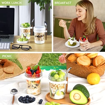 Xigugo Overnight Oats Jars, Overnight Oats Container with Lid and Spoon, 16 oz Cereal, Milk, Vegetable and fruit Salad Storage Container with Measurement Marks (white2)