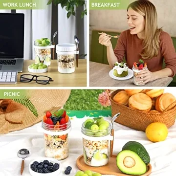 Xigugo Overnight Oats Jars, Overnight Oats Container with Lid and Spoon, 16 oz Cereal, Milk, Vegetable and fruit Salad Storage Container with Measurement Marks (white2)