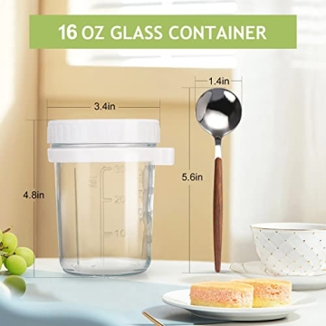 Xigugo Overnight Oats Jars, Overnight Oats Container with Lid and Spoon, 16 oz Cereal, Milk, Vegetable and fruit Salad Storage Container with Measurement Marks (white2)