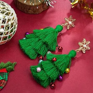 Lightweight Christmas Tree Tassel Beaded Earrings, Bohemian Dangle Drop Green Earrings, Twined with Colored Beads Earring for Women