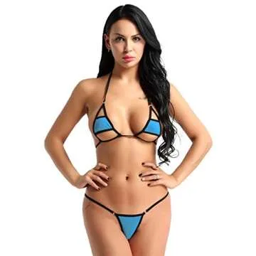 renvena Women's 2Pcs Swimsuits Halter Mini Bikini Bra with Micro G-String Thong Bathing Suit Swimwear Lake Blue One Size