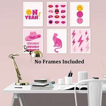 HLNIUC Pink Aesthetic Poster Preppy Room Decor Girls Art Print,Modern Preppy Dorm Room Canvas Wall Art Set of 6(8”X10”, Unframed),Leopard Prints College Girls Cute Posters For Teen Girls Room Decor