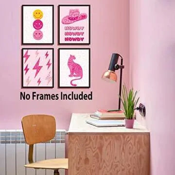 HLNIUC Pink Aesthetic Poster Preppy Room Decor Girls Art Print,Modern Preppy Dorm Room Canvas Wall Art Set of 6(8”X10”, Unframed),Leopard Prints College Girls Cute Posters For Teen Girls Room Decor