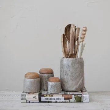Creative Co-Op Modern Marble Wood Lid, Natural Canister