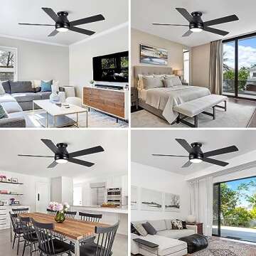 POCHFAN 52 Inch Black Ceiling Fans with Lights and Remote, LED Low Profile Flush Mount Ceiling Fan f...