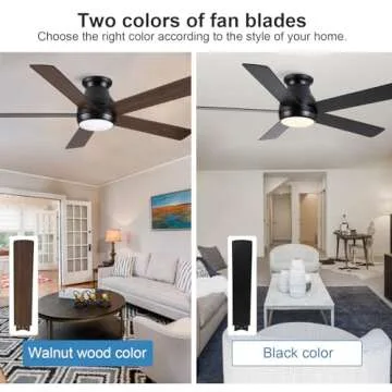 POCHFAN 52 Inch Black Ceiling Fans with Lights and Remote, LED Low Profile Flush Mount Ceiling Fan for Bedroom, Living Room, with Quiet DC Motor, Dimmable 6 Speeds