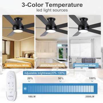 POCHFAN 52 Inch Black Ceiling Fans with Lights and Remote, LED Low Profile Flush Mount Ceiling Fan for Bedroom, Living Room, with Quiet DC Motor, Dimmable 6 Speeds