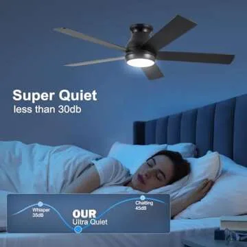 POCHFAN 52 Inch Black Ceiling Fans with Lights and Remote, LED Low Profile Flush Mount Ceiling Fan for Bedroom, Living Room, with Quiet DC Motor, Dimmable 6 Speeds