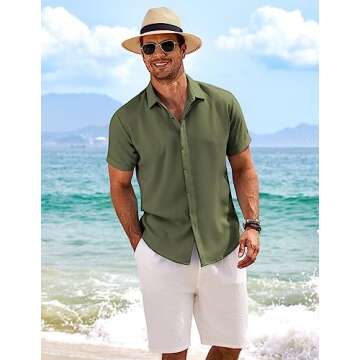 COOFANDY Men's Linen Shirt Casual Shirts Short Sleeve Shirts Button Down Summer Beach Shirt Olive Gr...