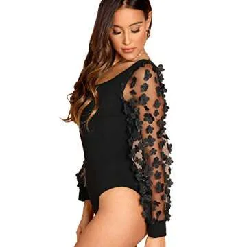 ROMWE Women's Elegant Square Neck Floral Applique Mesh Sleeve Bodysuit Jumpsuit Black L
