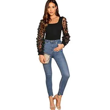ROMWE Women's Elegant Square Neck Floral Applique Mesh Sleeve Bodysuit Jumpsuit Black L