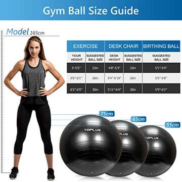 TOPLUS Exercise Ball Supports 2200lbs Includes Quick Pump & Professional Guide, 65 cm, Black