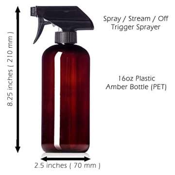 Aromine 16oz Amber Plastic Bottles with Black Trigger Sprayers, BPA Free PET Plastic (2 Pack)