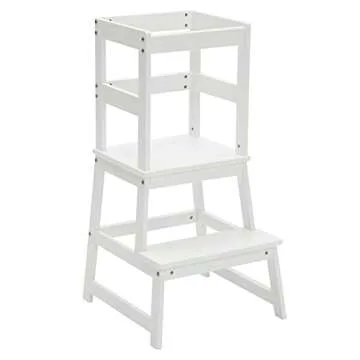 Kids Kitchen Step Stool with Safety Rail,Wooden Toddler Standing Tower for Kitchen Counter, Kids Montessori Stool, Solid Wood Construction,White