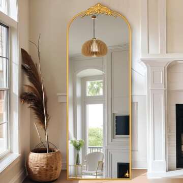 Antok Arched Full Length Mirror, 64"×21" Floor Mirror Freestanding with Carved Metal Frame, Traditional Vintage Ornate Baroque Mirror, Full Body Mirror for HomeDecor, Hanging Mounted Mirror, Gold