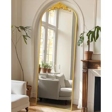 Antok Arched Full Length Mirror, 64"×21" Floor Mirror Freestanding with Carved Metal Frame, Traditional Vintage Ornate Baroque Mirror, Full Body Mirror for HomeDecor, Hanging Mounted Mirror, Gold