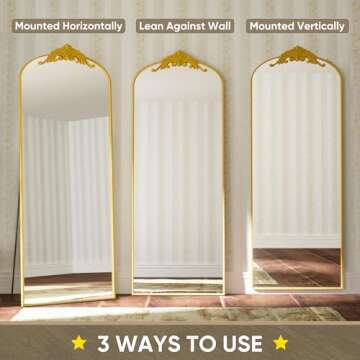 Antok Arched Full Length Mirror, 64"×21" Floor Mirror Freestanding with Carved Metal Frame, Traditional Vintage Ornate Baroque Mirror, Full Body Mirror for HomeDecor, Hanging Mounted Mirror, Gold