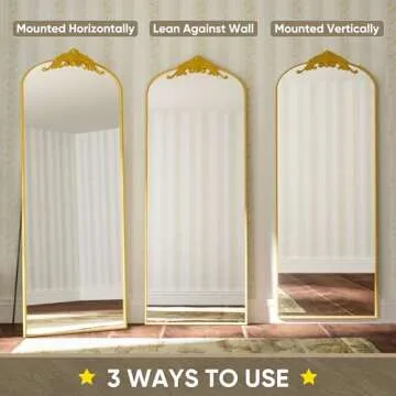 Antok Arched Full Length Mirror, 64"×21" Floor Mirror Freestanding with Carved Metal Frame, Traditional Vintage Ornate Baroque Mirror, Full Body Mirror for HomeDecor, Hanging Mounted Mirror, Gold