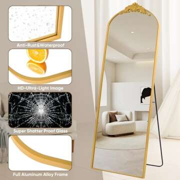 Antok Arched Full Length Mirror, 64"×21" Floor Mirror Freestanding with Carved Metal Frame, Traditional Vintage Ornate Baroque Mirror, Full Body Mirror for HomeDecor, Hanging Mounted Mirror, Gold