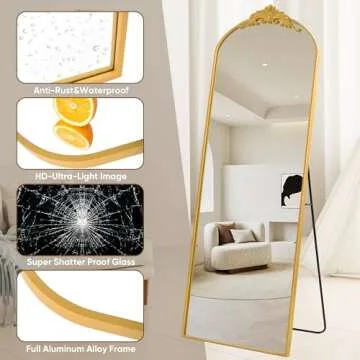 Antok Arched Full Length Mirror, 64"×21" Floor Mirror Freestanding with Carved Metal Frame, Traditional Vintage Ornate Baroque Mirror, Full Body Mirror for HomeDecor, Hanging Mounted Mirror, Gold