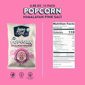 LesserEvil Himalayan Pink Salt Organic Popcorn, No Artificial Ingredients, Coconut Oil, Pack of 12, 0.88 oz Bags