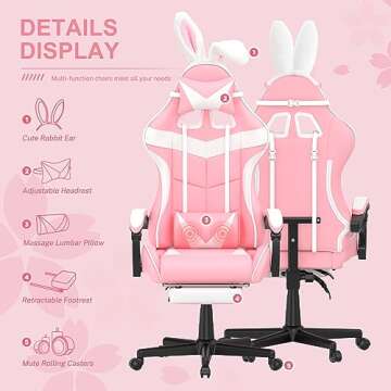 Soontrans Pink Gaming Chair with Footrest,Lovely Bunny Computer Gamer Chair,Gamer Desk Chair for Granddaughter,Sister,Girlfriend,Wife and Love (Pink)