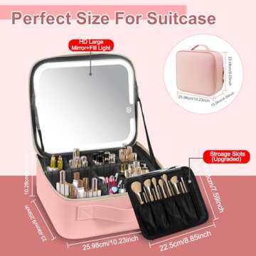 Makeup Case with Lighted Mirror 3 Color Setting,Travel Makeup Bag with Led Mirror with Adjustable Di...