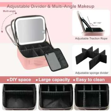 Makeup Case with Lighted Mirror 3 Color Setting,Travel Makeup Bag with Led Mirror with Adjustable Divider,Light Up Makeup Bag Cosmetic Organizer for Makeup Brush,Makeup Accessories,Tools Case,Women